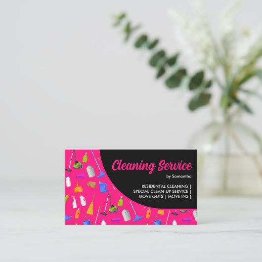 Neon Pink Black Modern House Reinigungsservice Visitenkarte (Stehend Vorderseite)