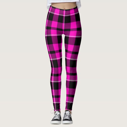Neon Pink & Black Tartan Kariert Leggings (Vorderseite)