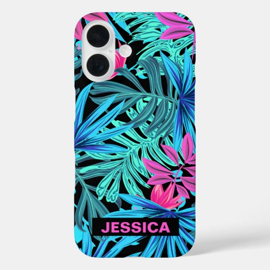 Neon Pink Blau Tropicales Pflanzenmuster Personali Case-Mate iPhone Hülle (Rückseite)