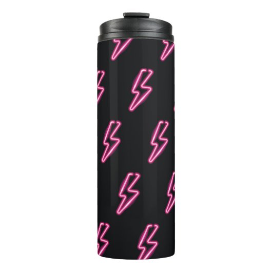 Neon Pink Blitze: Dunkler Hintergrund. Thermosbecher (Vorderseite)