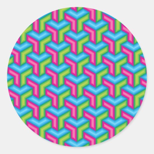 Neon Pink Blue Green Geometric Blocks Illusion Runder Aufkleber (Vorderseite)