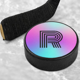 Neon Pink Blue & Lila Ombre Monogram Eishockey Puck