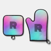 Neon Pink Blue & Lila Ombre Monogram Ofenhandschuh & Topflappen-Set (Vorderseite)