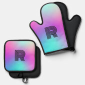 Neon Pink Blue & Lila Ombre Monogram Ofenhandschuh & Topflappen-Set (Vorderseite/Rückseite)