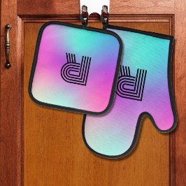 Neon Pink Blue & Lila Ombre Monogram Ofenhandschuh & Topflappen-Set