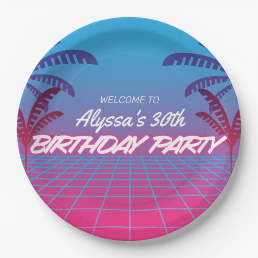 Neon Pink Blue Retro 80er Themed Birthday Party Ni Pappteller (Vorderseite)