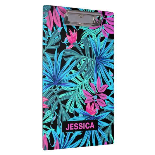 Neon Pink Blue Tropical Plant Pattern Personalised Klemmbrett (Rechts)