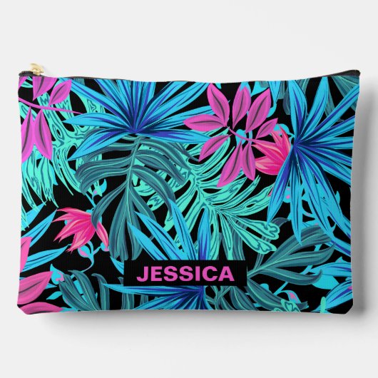 Neon Pink Blue Tropical Plant Pattern Personalised Zubehörtasche (Vorderseite)