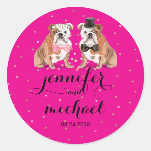 Neon Pink English Bulldog Hochzeit Runder Aufkleber (Vorderseite)