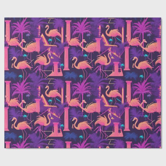 Neon Pink Flamingo Palm Trees Vaporwave Ästhetisch Geschenkpapier (Flach)