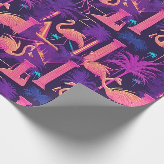 Neon Pink Flamingo Palm Trees Vaporwave Ästhetisch Geschenkpapier (Ecke)