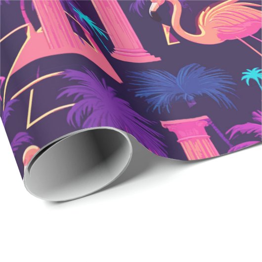Neon Pink Flamingo Palm Trees Vaporwave Ästhetisch Geschenkpapier (Rolleneckpunkt)