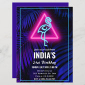 Neon Pink Flamingo Tropical Leaf Geburtstag Einladung (Vorne/Hinten)