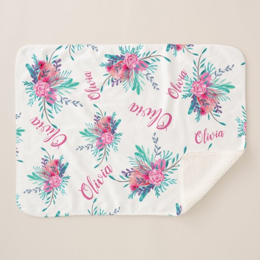 Neon pink floral Aquarell Baby Name Skript Sherpadecke (Vorderseite (Horizontal))