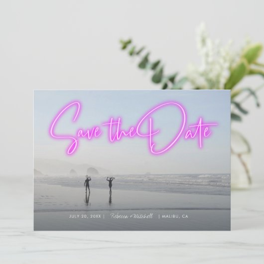 Neon Pink Foto Save the Date (Stehend Vorderseite)