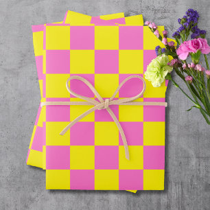 Neon Pink Gelb Kariert Schachbrettmuster Vintage Geschenkpapier Set