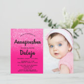 Neon pink Glitzer ombre script Foto Annaprashan Einladung (Stehend Vorderseite)