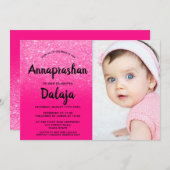 Neon pink Glitzer ombre script Foto Annaprashan Einladung (Vorne/Hinten)