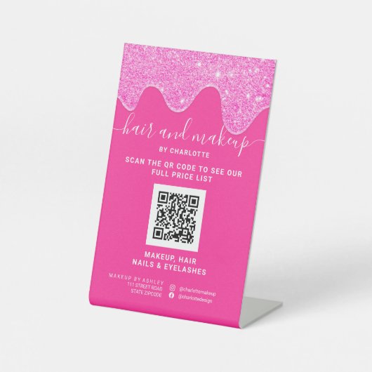 Neon-pink-Glitzer-Tropfen machen den digitalen QR- Sockelschild (Vorderseite)