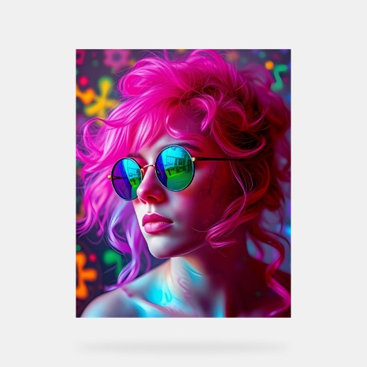Neon Pink-haarige Frau mit Spiegelbrille - m Acrylschild (Vorderseite)