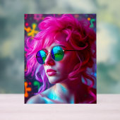 Neon Pink-haarige Frau mit Spiegelbrille - m Acrylschild (Neutral)