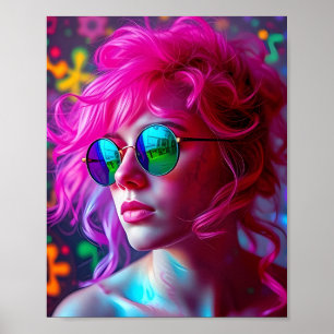 Neon Pink-haarige Frau mit Spiegelbrille - m Poster