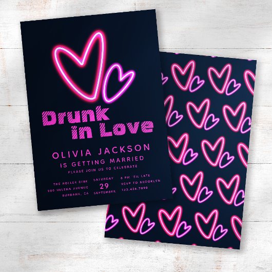 Neon Pink Hearts Betrunken in Liebe Brautparty Einladung