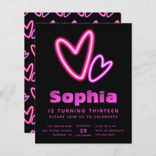 Neon Pink Hearts Budget Geburtstagsparty Einladung