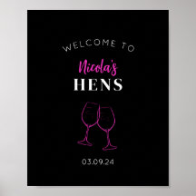 Neon Pink Hens Party Wein Begrüßungszeichen Plakat