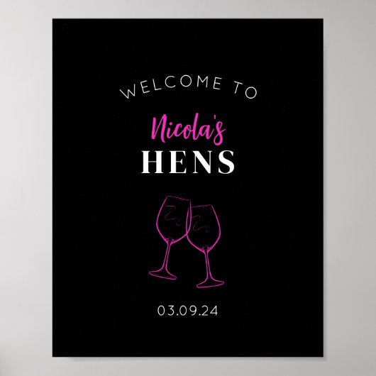 Neon Pink Hens Party Wein Begrüßungszeichen Plakat (Vorne)