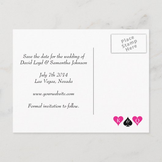 Neon pink Las Vegas Hochzeit speichern Sie das Dat Ankündigungspostkarte (Rückseite)