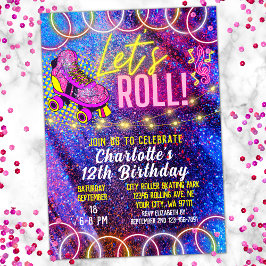 Neon Pink Let's Roll Girl's Roller Skaten Party Einladung