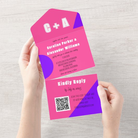 Neon Pink Lila Retro Modernes, feines Elegant All In One Einladung (Abreißen)