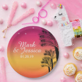 Neon Pink Ombre Tropical Tree Sunset Beach Pappteller (Party)