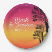 Neon Pink Ombre Tropical Tree Sunset Beach Pappteller (Vorderseite)