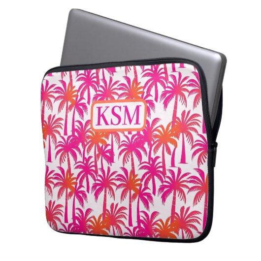 Neon Pink Orange Palm Tree Monogramm Laptopschutzhülle (Vorderseite Links)