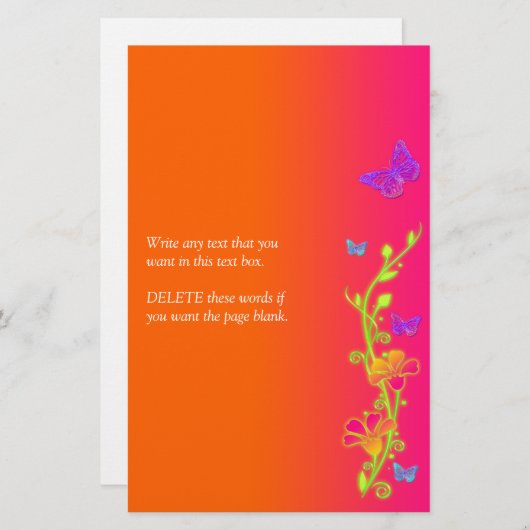 Neon Pink Orange Schmetterlinge & Blume Stationier Briefpapier (Vorne/Hinten)