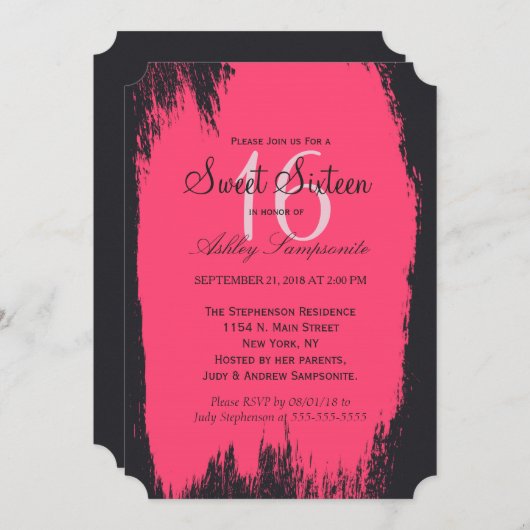 Neon Pink Paint Stroke auf schwarz Einladung (Vorne/Hinten)