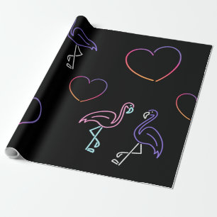 Neon-Pink-Purple-Flamingo und Herzen  Geschenkpapier