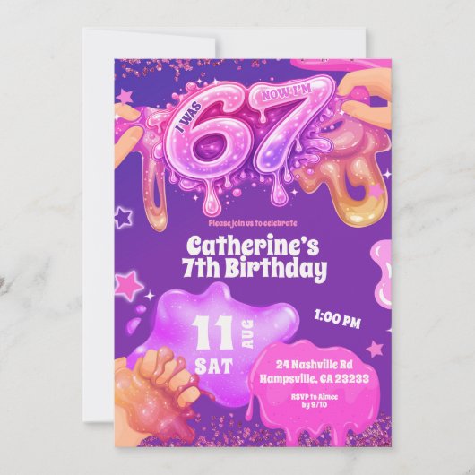 Neon Pink Purple Slime 67 Birthday Invitation Einladung (Vorderseite)