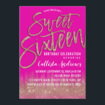 Neon Pink Rose Gold Glitzer Typografie Sweet 16 Einladung<br><div class="desc">Dieses moderne und mädchenhafte Sweet 16 lädt das elegante und trendige Geburtstagsmädchen zum Entspannen ein. Es zeichnet sich durch ein hübsches und glamouröses Imitat gedruckt Rose goldfunkel Glitzer Sequin und neon pink ombre Farbverlauf. Es zeigt auch Rose Gold funkelnd Glitzer, "16 . Geburtstag" Pinseltypografie. Das elegante und stilvolle Design-Thema wird...</div>
