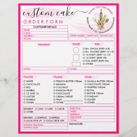 Neon Pink Simple Modern Bakery Cake Order Form Flyer (Vorne)