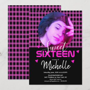 Neon-Pink-Sweet-Sixteen-Fotogitter Einladung