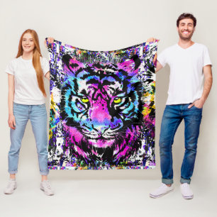 Neon Pink Tiger Head Portrait Fleece Blanket