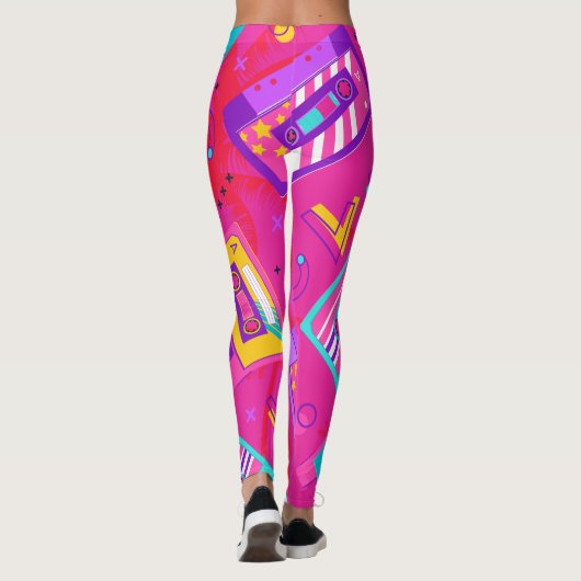 Neon Pink Trendy 80er Cassette Music Leggings (Rückseite)