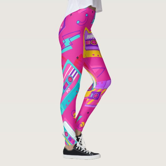 Neon Pink Trendy 80er Cassette Music Leggings (Rechts)
