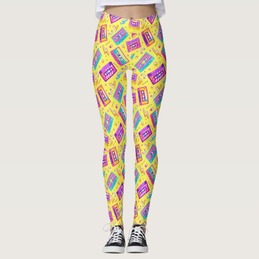 Neon Pink Trendy 80er Cassette Music Leggings (Vorderseite)