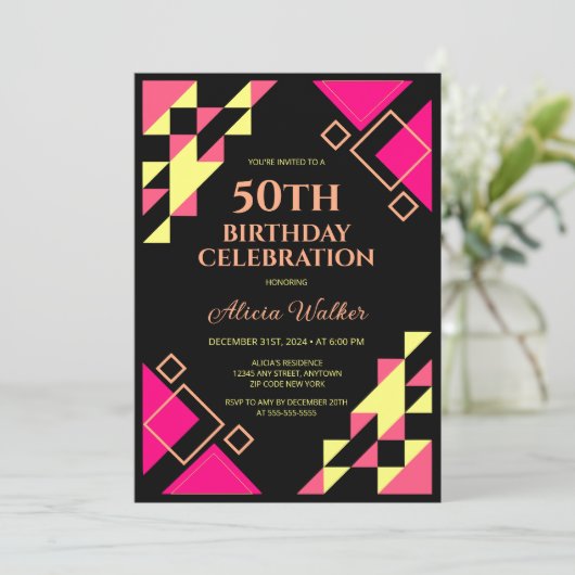 Neon Pink Triangle Geometric Black Birthday Einladung (Stehend Vorderseite)