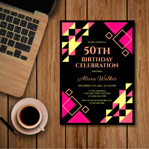 Neon Pink Triangle Geometric Black Birthday Einladung