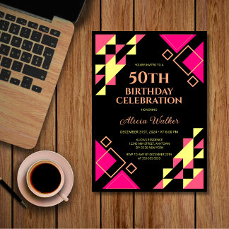 Neon Pink Triangle Geometric Black Birthday Einladung